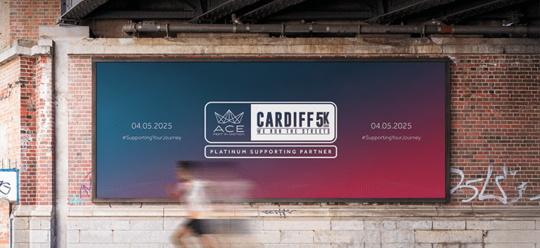 A billboard advertising how leading podiatry firm ace feet in motion are again partnering with the Cardiff 5k.